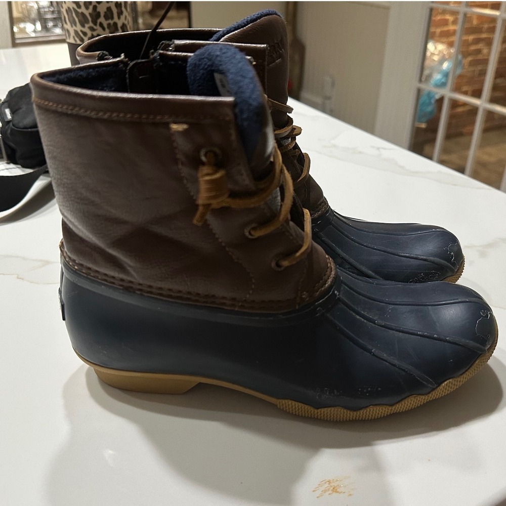 Sperry Top Sider Duck Boots Brown Leather Navy Rubber Lace Up Women 5M